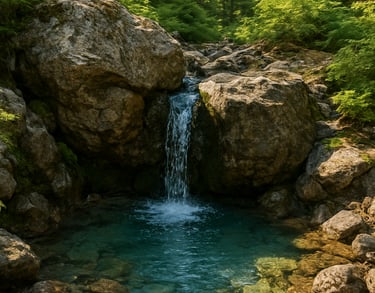Pristine waterfall flowing into clear pond in Blue Grouse Mountains, source of spring water