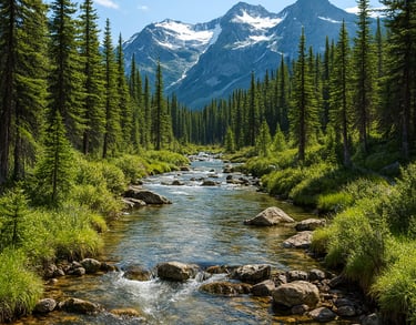 Mountain spring with clear flowing water, green vegetation, and snow-capped peaks under a blue sky