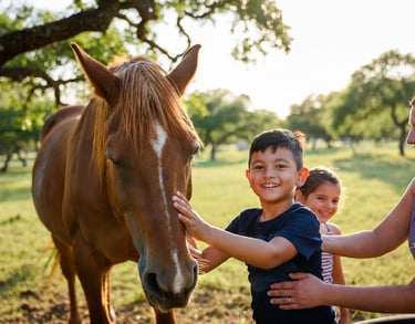 Children loving on a horse, boy smiling big.