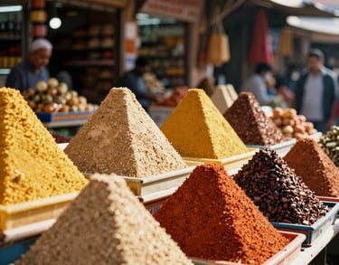 Sun-drenched bustling spice market in Marrakech, vibrant colors, golden light, tight crop