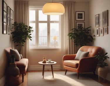 Modern living room with leather armchairs, indoor plants, and soft sunlight through the window.