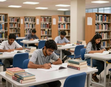 A high-quality photo of a clean, well-lit library at a South Asian institute, filled with academic books and students studying at white tables with blue chairs.