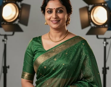 A professional studio portrait of a South Asian female mentor in a smart green saree. She has a friendly and confident look. Bright professional lighting.
