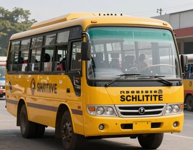 A photo of a modern school transport bus in India, painted bright yellow with the institute's branding, parked in a clean paved area.