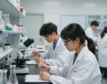 A professional chemistry laboratory in a coaching center with students in lab coats performing experiments. The setting is clean and secure.