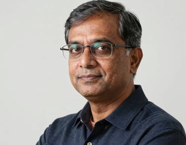 A professional studio portrait of a senior South Asian male professor with glasses, looking professional. Soft, clean lighting against a white wall.