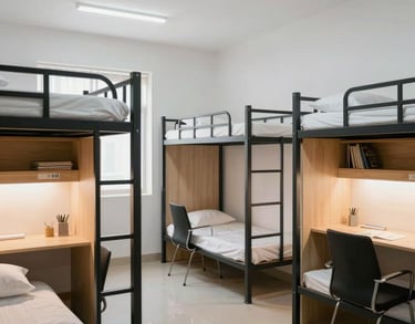 A clean, modern hostel room in a South Asian educational complex, featuring organized bunk beds, study desks, and bright white lighting.