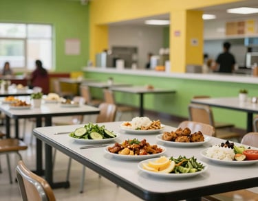A bright cafeteria space within a South Asian campus, with clean tables, healthy food options, and a modern design using green and yellow accents.