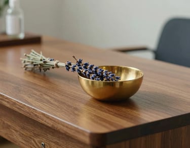 A close-up photograph of a polished wooden desk with a small gold bowl and a sprig of dried lavender in a North American / US clinical setting, soft natural lighting.