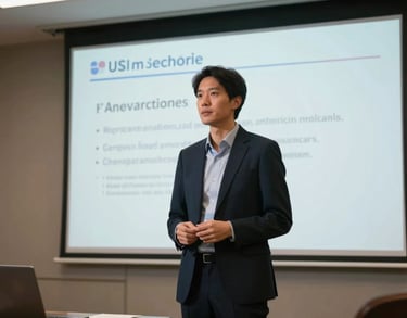 A professional photograph of a clinical trainer standing before a presentation screen in a North American / US medical conference room, elegant attire.