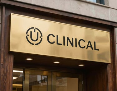 An architectural photograph of a sleek, professional North American / US clinical office entrance with gold signage and dark wood accents.