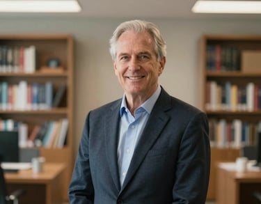 A professional portrait of a senior clinical director in professional attire, standing in a brightly lit North American / US office with a blurred background of bookshelves.