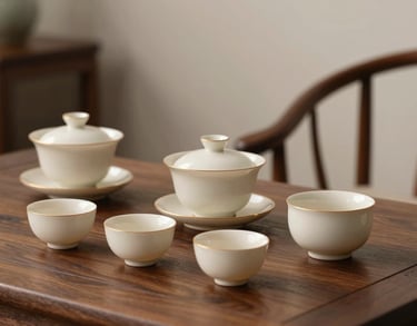 A detail shot of a ceramic tea set on a dark wood table in a peaceful consultation room, ivory and brown tones, North American / US professional aesthetic.