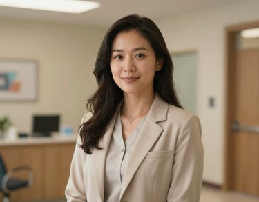A professional portrait of a wellness coordinator in a North American / US medical building, wearing neutral business casual attire, soft gold lighting.