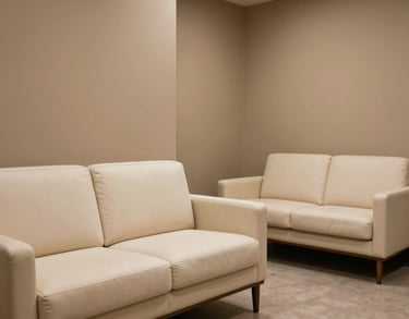 An interior shot of a serene, professional waiting area with high-end ivory upholstery and tan walls, North American / US style, minimalist and calming.
