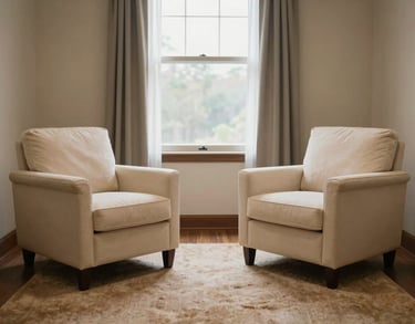 A wide shot of a North American / US therapy room with two comfortable ivory armchairs facing each other, a soft tan rug, and a large window with sheer curtains.