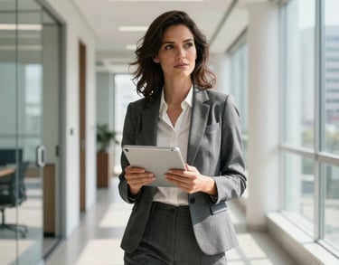 Professional woman in smart casual attire, holding a tablet, standing in a bright modern office corridor in São Paulo, natural sunlight and clean architectural lines.