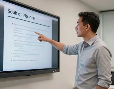 Professional male educator pointing to a digital screen in a modern training room, wearing a light gray shirt, South American corporate environment, sharp focus.