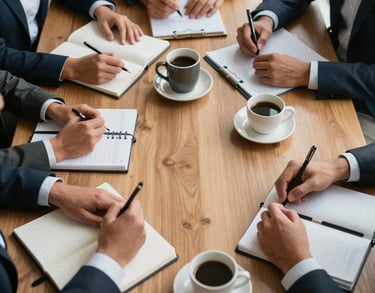 Top-down view of a business team's hands around a wooden table with notebooks and coffee cups, soft natural light, professional collaboration in a Brazilian office.