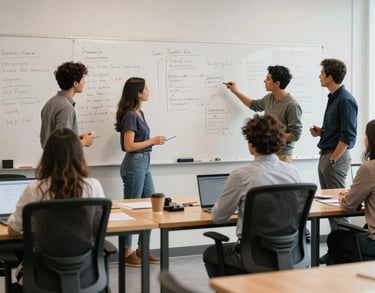 A collaborative workspace with ergonomic chairs and wooden tables, a large white board with professional notes, South American professionals engaged in a workshop, bright and airy lighting.