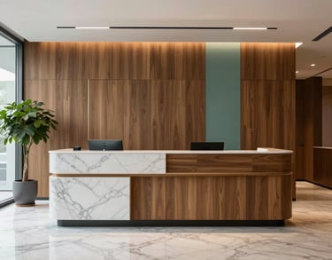 Internal view of a sleek office reception with marble floors and wood panels, minimalist design, sea green plant accents, high-end professional feel.