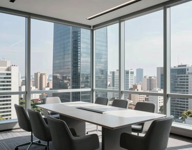 A modern corporate meeting room in a Brazilian skyscraper, floor-to-ceiling windows showing a cityscape, clean minimalist furniture in gray and steel blue tones, bright natural light.