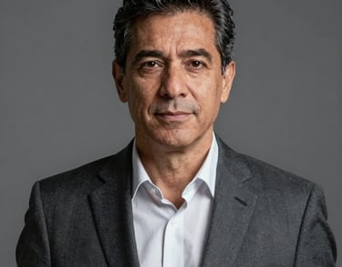 Professional headshot of a mature businessman in a dark gray suit, neutral background, looking directly at the camera with a confident expression, South American / Brazilian style.