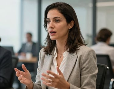 Professional woman with dark hair and business blazer, speaking animatedly in a meeting, blurred background of a modern office in Brasilia.