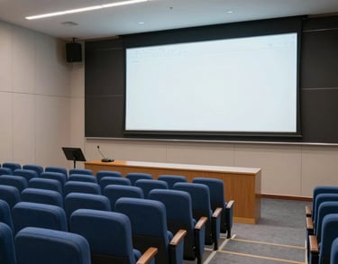 An empty, high-tech lecture hall with blue upholstered seats and a large screen at the front, professional lighting, clean and professional atmosphere.