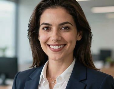 Close-up portrait of a professional woman in business attire, smiling confidently, blurred office background with steel blue and light gray accents, South American corporate setting.