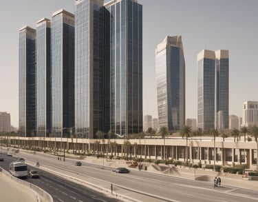 a man riding a skateboard down a street next to tall buildings