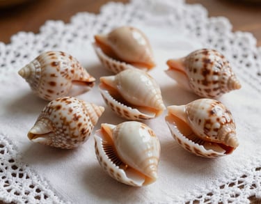 Close-up of cowrie shells (jogo de búzios) placed on a white lace cloth, soft warm lighting, professional spiritual setting in Brazil.