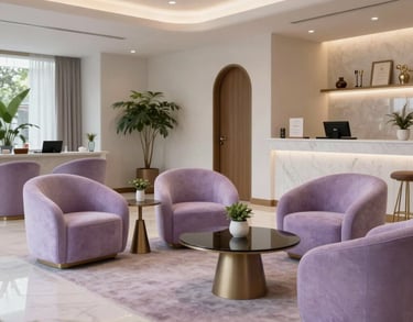 Wide shot of a luxurious South American waiting area for an esoteric clinic, featuring plush lavender chairs and sophisticated decor.