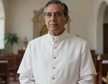 Portrait of a man in professional white attire, suggesting a traditional spiritual lineage, in a clean and modern South American ritual space.