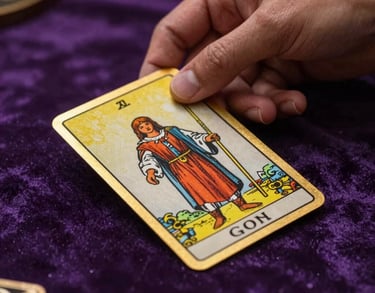 Detail of a hand holding a gold-edged tarot card over a purple velvet cloth, professional mystical atmosphere, South American context.