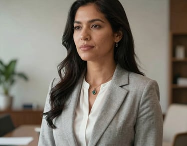 Portrait of a serene South American woman in professional business-mystical attire, against a background of a light, high-end consultation room.