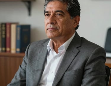 Portrait of a mature South American man in a professional suit with a serene expression, sitting in a modern office with spiritual books behind him.