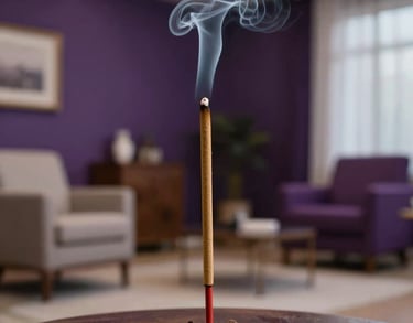 A burning stick of incense with a thin trail of smoke in a modern, elegant South American consultation room with purple accents.