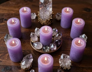 A top-down professional shot of an elegant South American esoteric altar with polished crystals and lavender-colored candles on a dark wooden table.