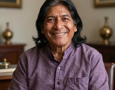 Portrait of a South American spiritual advisor with a welcoming smile, wearing thistle-colored clothing, in a sophisticated consulting room.