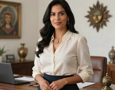 A professional portrait of a South American woman in elegant attire, standing in a brightly lit, sophisticated office decorated with mystical accents.
