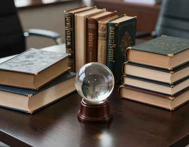 A collection of ancient mystical books and a crystal ball on a dark desk in a sophisticated Brazilian consulting office.