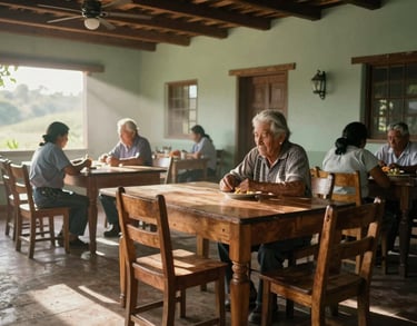Photography of a sunlit dining hall for seniors in a South American Colombian village, warm wood tables, light mist and sage color palette, soft natural lighting.