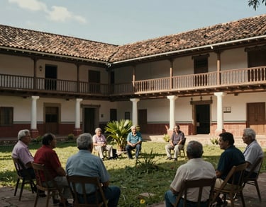 Photography of an outdoor courtyard in San Alfonso, Huila, with seniors sitting and talking, South American architecture, warm sunlight, muted green vegetation.