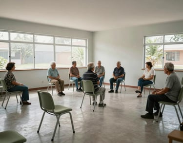 Wide shot of a clean, bright activity room for seniors in a Colombian community center, large windows, light mist walls, muted green chairs.