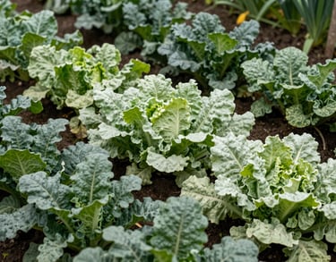 Close-up of a vibrant vegetable garden in Huila, Colombia, part of a productive project for seniors, lush green foliage, muted green and light sage tones.