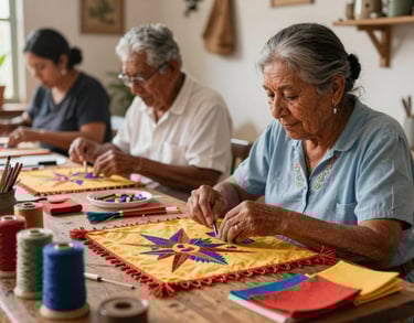 Photography of a shared workspace where seniors engage in traditional Colombian crafts, colorful materials, warm and inclusive atmosphere.
