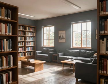 Interior shot of a library area for seniors, cozy and professional, South American / Colombian style, mist and dark gray decor, natural light.