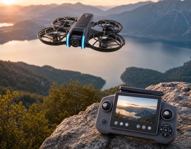 Compact guarded dual-camera drone flying above a mountain lake with its large-screen remote controller
