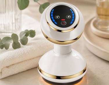 White and gold electric warming suction cup massager displayed in a calm home spa setting